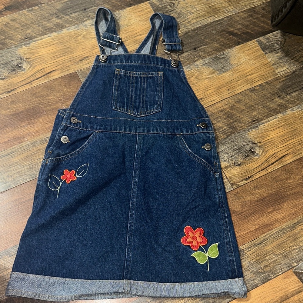 Vintage Denim Floral Embroidered Kids Overall Skirt/jumper- Blue